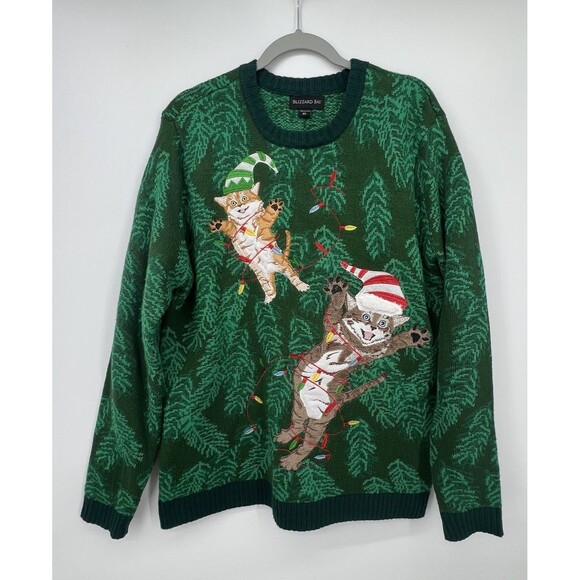 Blizzard Bay Crazy Cats Ugly Christmas Sweater Sz XL Mens Unisex Green Holidays - Picture 1 of 13